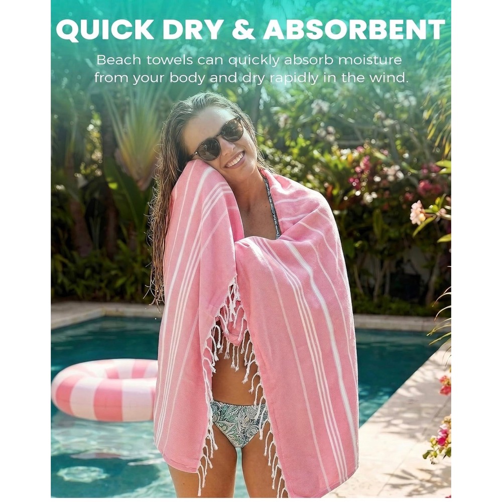 Antfuny Turkish Beach Towel Pink White Striped Oversized Peshtemal with Pouch - Picture 3 of 4